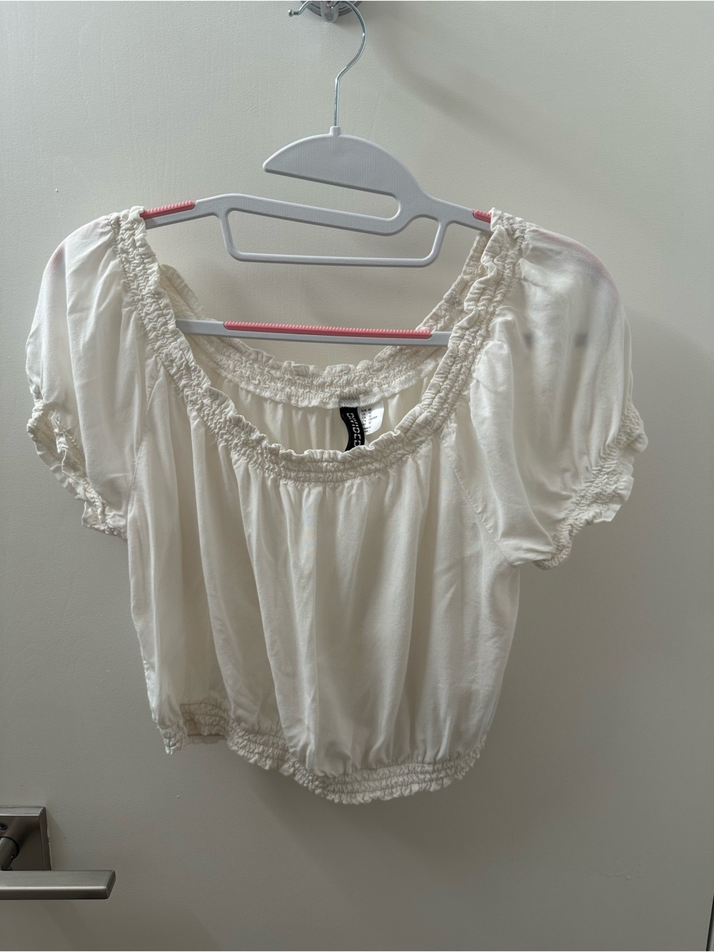 Divided Cream Elastic Smocked Off-Shoulder Crop Top